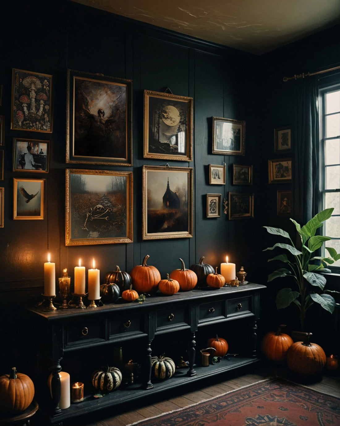 A moody, dark room decorated for Halloween with pumpkins, candles, and framed art on black walls. A large potted plant sits by a window.

