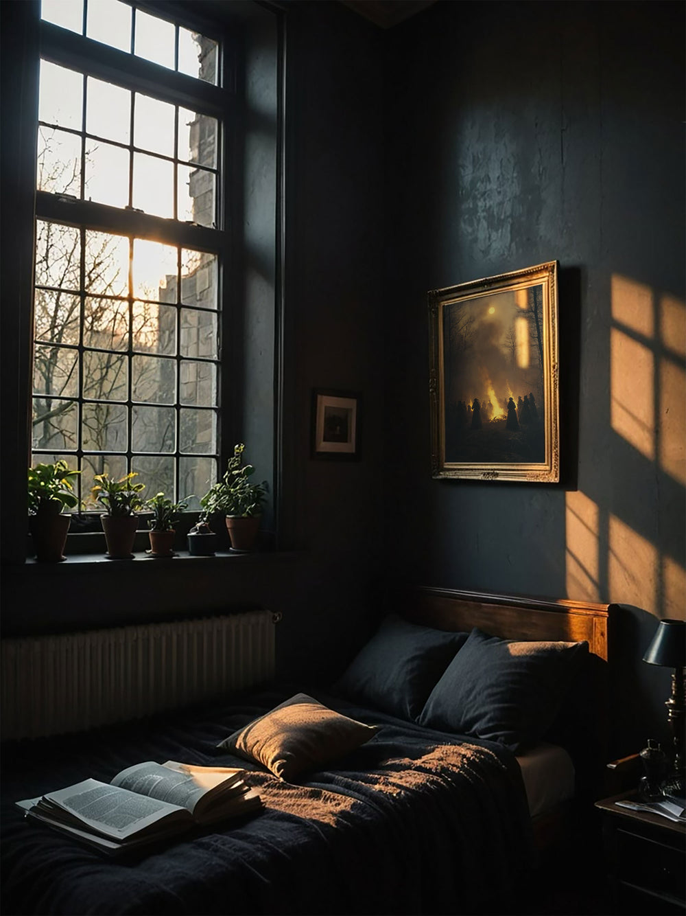 Moody bedroom interior with a large window, plants, a bed with an open book, and sunlight casting shadows on the wall.