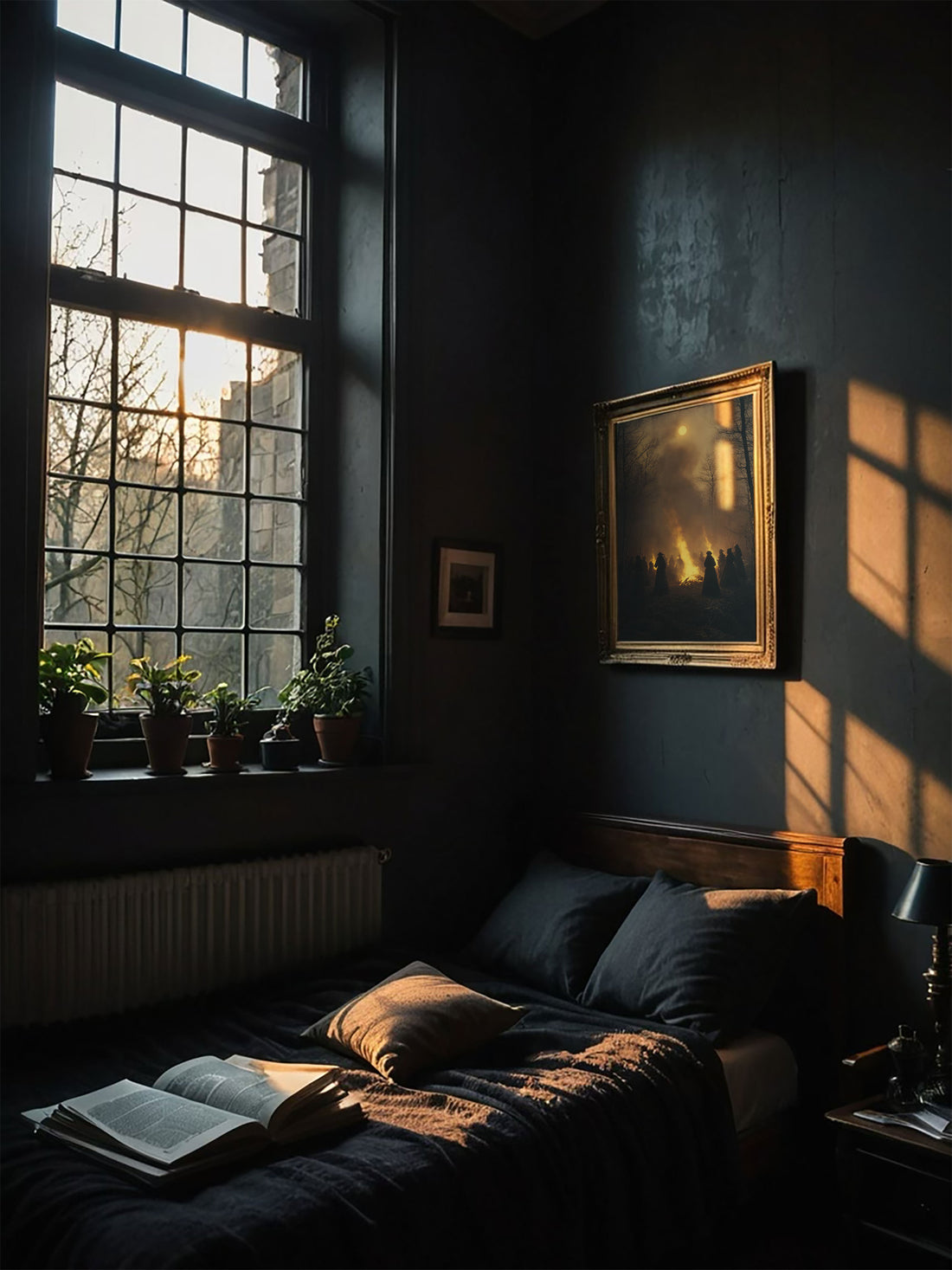 Moody bedroom interior with a large window, plants, a bed with an open book, and sunlight casting shadows on the wall.