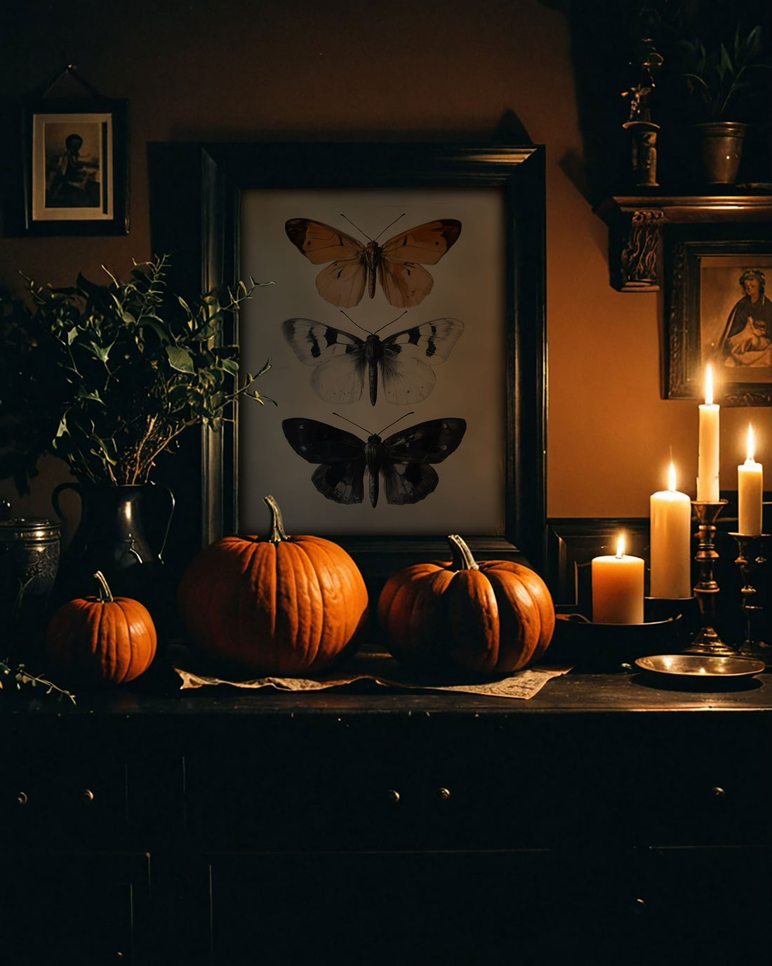 Moody autumn still life: Pumpkins, candles, and vintage butterfly print on a dark dresser, illuminated by candlelight. Warm, gothic aesthetic.
