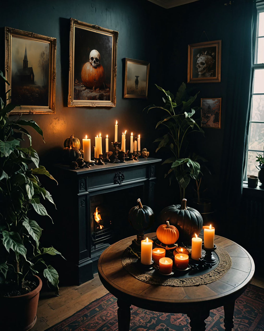 A dimly lit, spooky room decorated for Halloween with candles, pumpkins, and eerie artwork. Warm light contrasts with the dark, moody atmosphere.