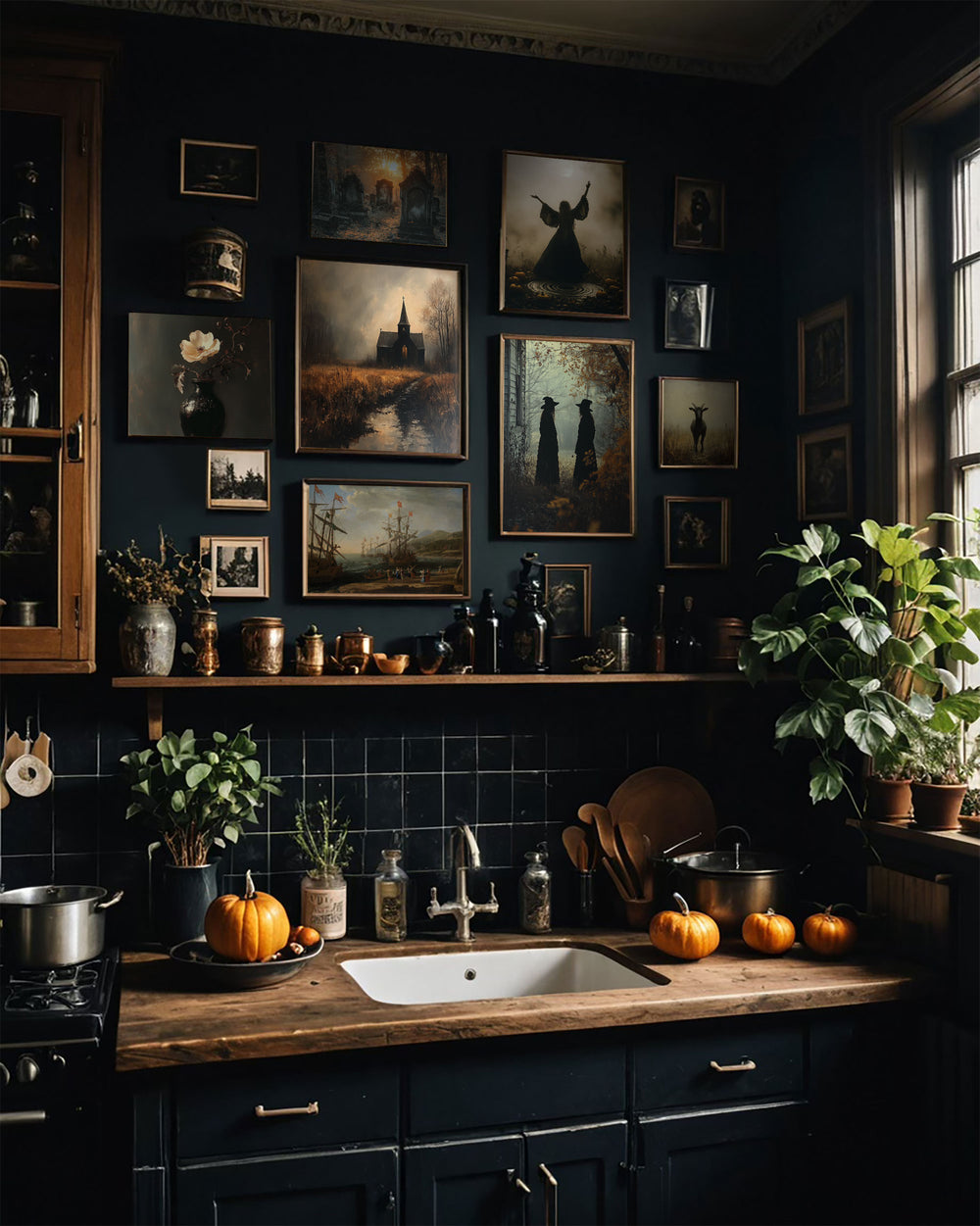 A moody, dark kitchen decorated for autumn with pumpkins on the counter and paintings on the wall. A shelf holds various jars and bottles.