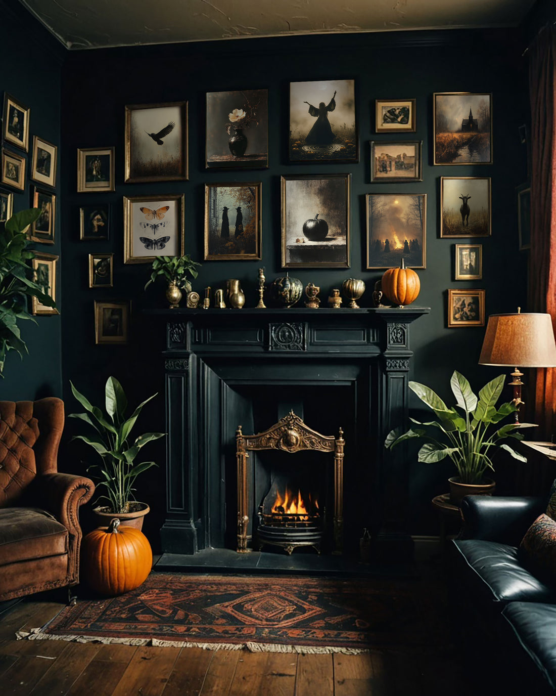 A dimly lit, gothic-style room featuring a black fireplace, orange pumpkins, dark furniture, and an array of framed artwork on the wall.