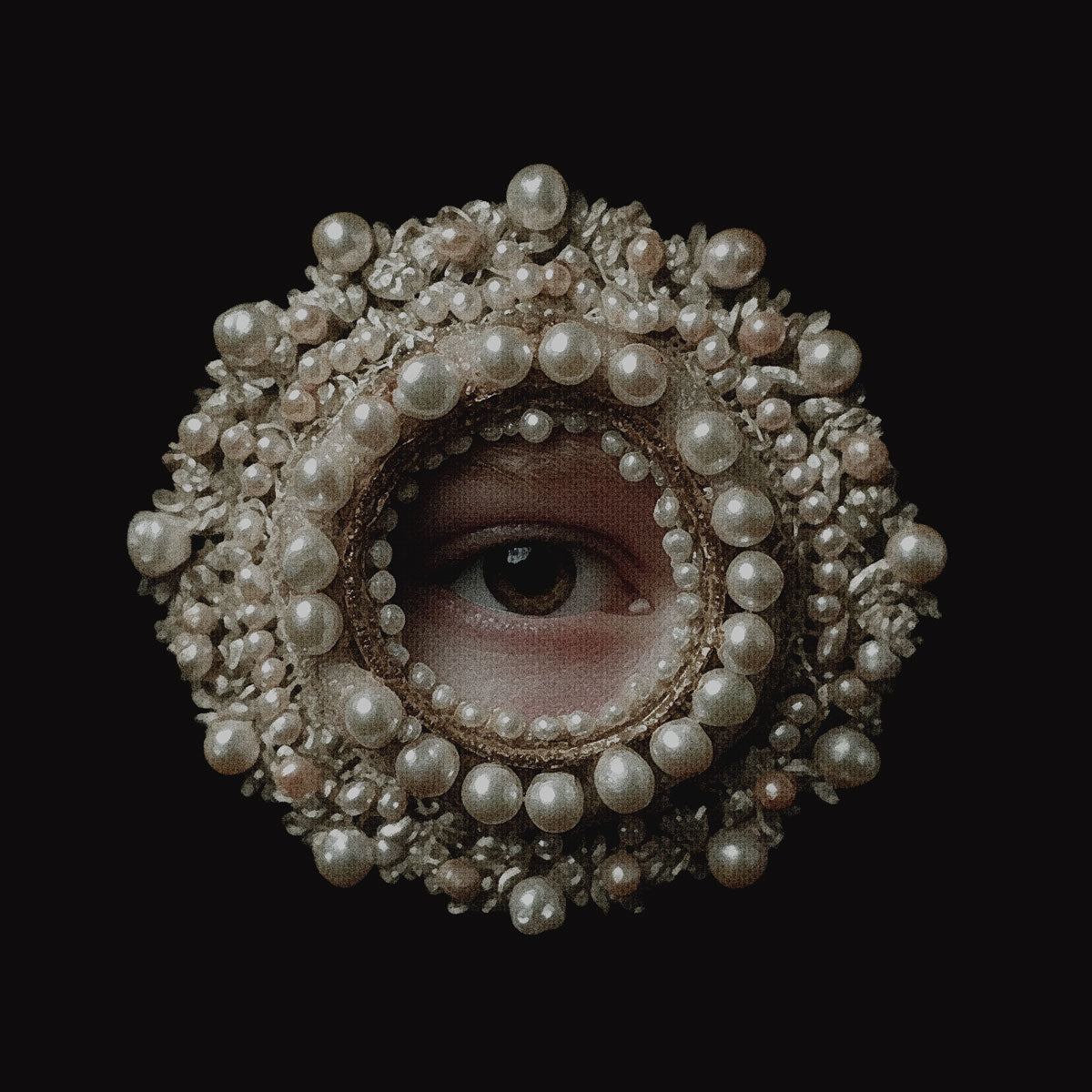 A close-up shows an eye centered within a pearl-encrusted frame, creating an ornamental, surreal, and dark atmospheric image.
