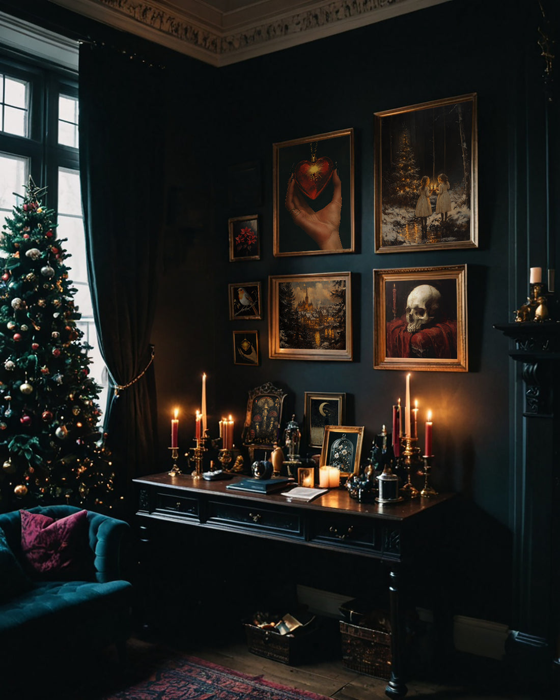A dimly lit, Gothic-style room with a Christmas tree, dark furniture, burning candles, and framed paintings on a dark wall.