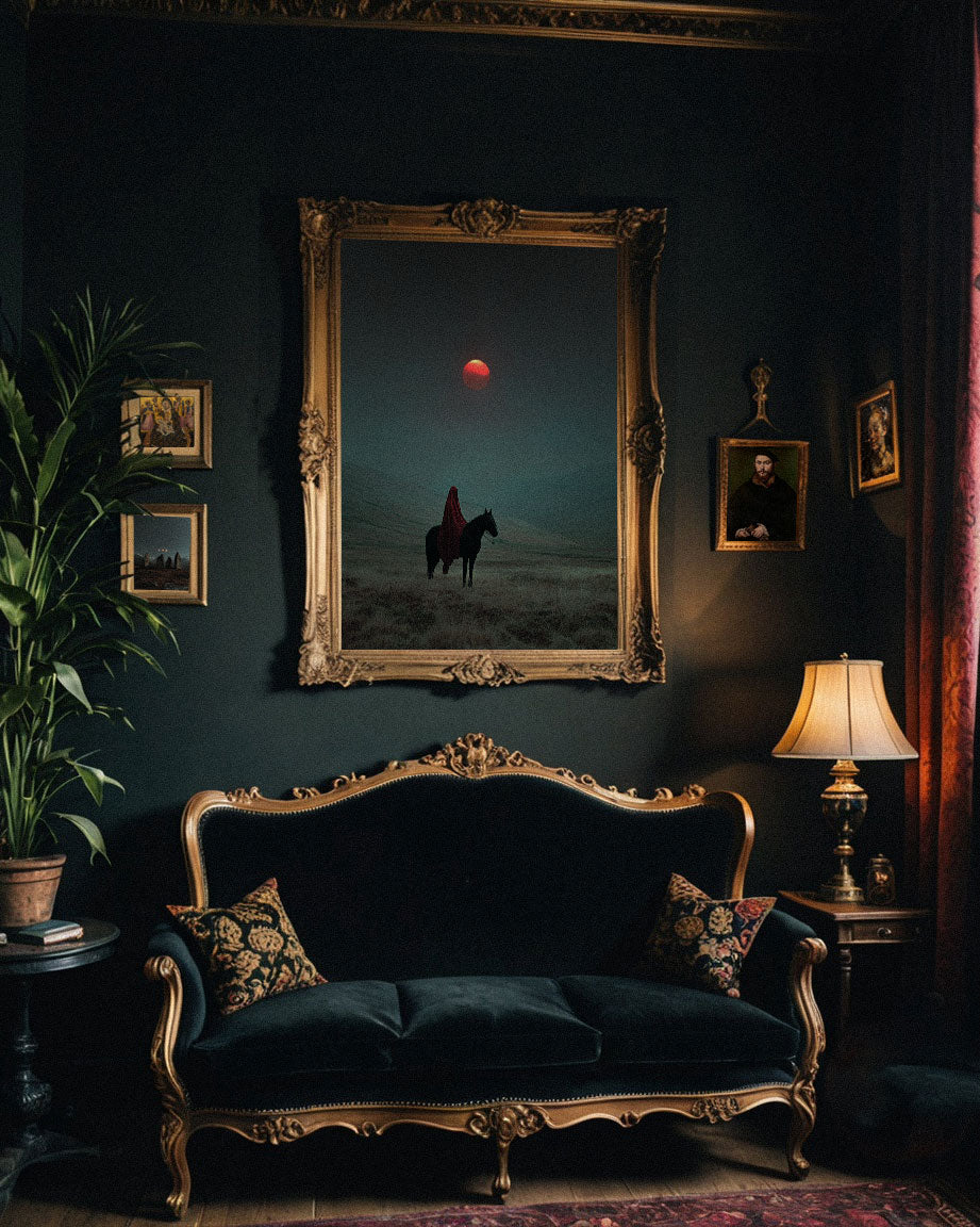 A dimly lit, luxurious room with dark teal walls, a gold-trimmed black velvet sofa, and an ornate, gold-framed painting of a horse rider.