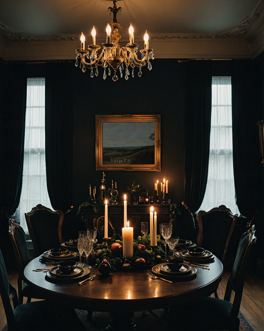Dark dining room with a chandelier, framed painting and candles on a round table.