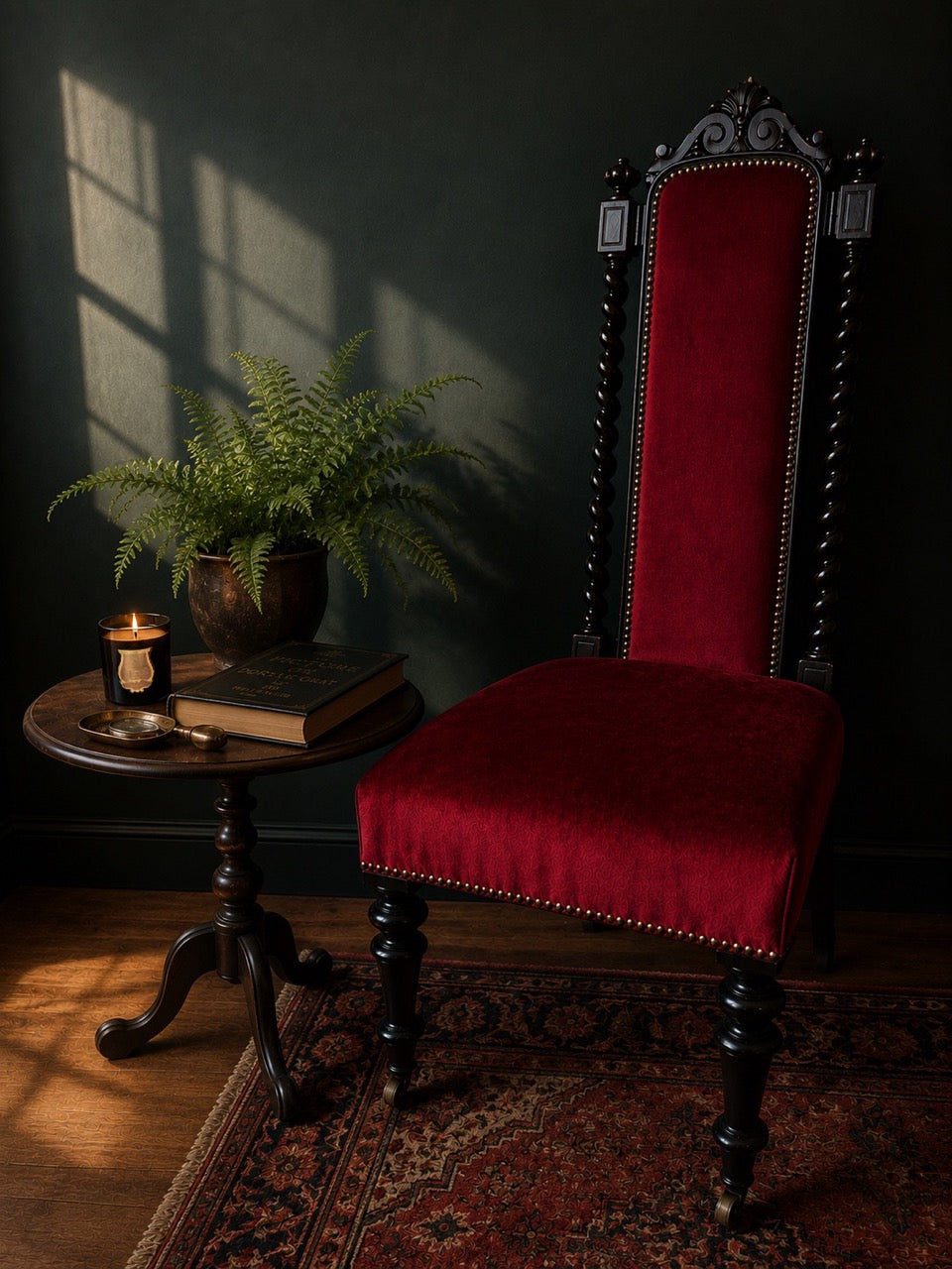 Antique Prie-Dieu Chair with Red Upholstery