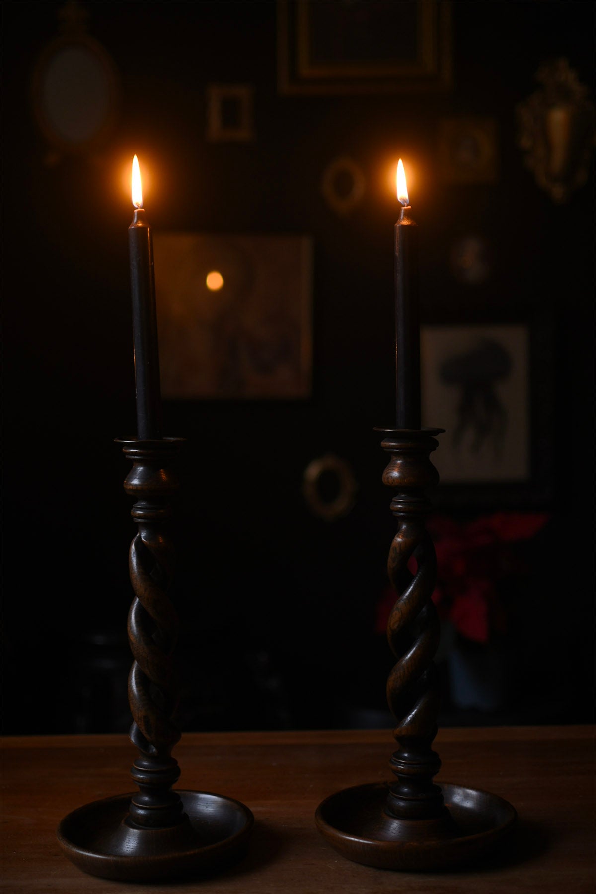 Pair of Spiralled Wooden Candlesticks – Decorative Antique Victorian Candle Holders - Old Town Magick