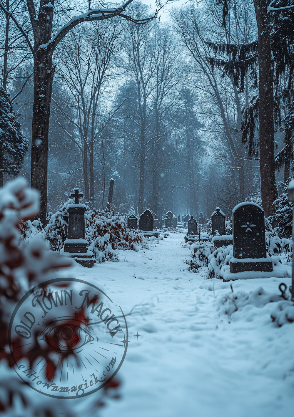 Peaceful Graves – Snow Cemetery Landscape – Gothic Graveyard Wall Art Print