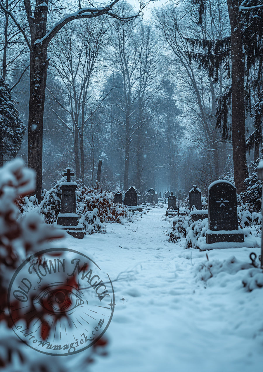 Peaceful Graves – Snow Cemetery Landscape – Gothic Graveyard Wall Art Print