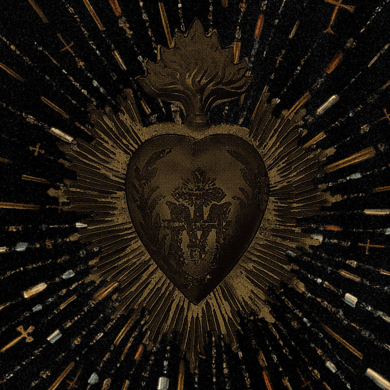 A dark, vintage illustration featuring a golden heart with flames atop, surrounded by radiating lines and crosses.