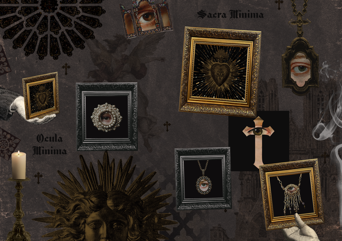A collage with a dark, gothic aesthetic features framed art of eyes, crosses, and sacred hearts, with text reading "Sacra Minima" and "Ocula Minima."

