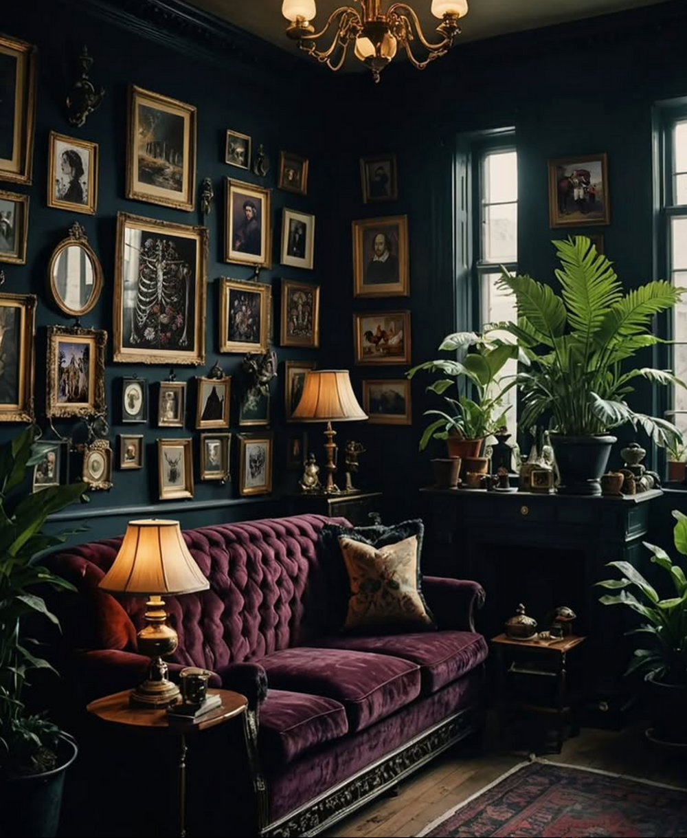 A moody, dimly lit room with a maroon velvet sofa, gallery wall of framed art, and potted green plants. A golden chandelier hangs overhead.