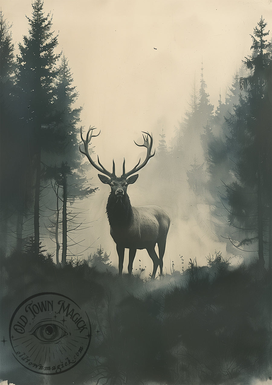 Sepia Wooded Stag – Vintage Wildlife Wall Art Print