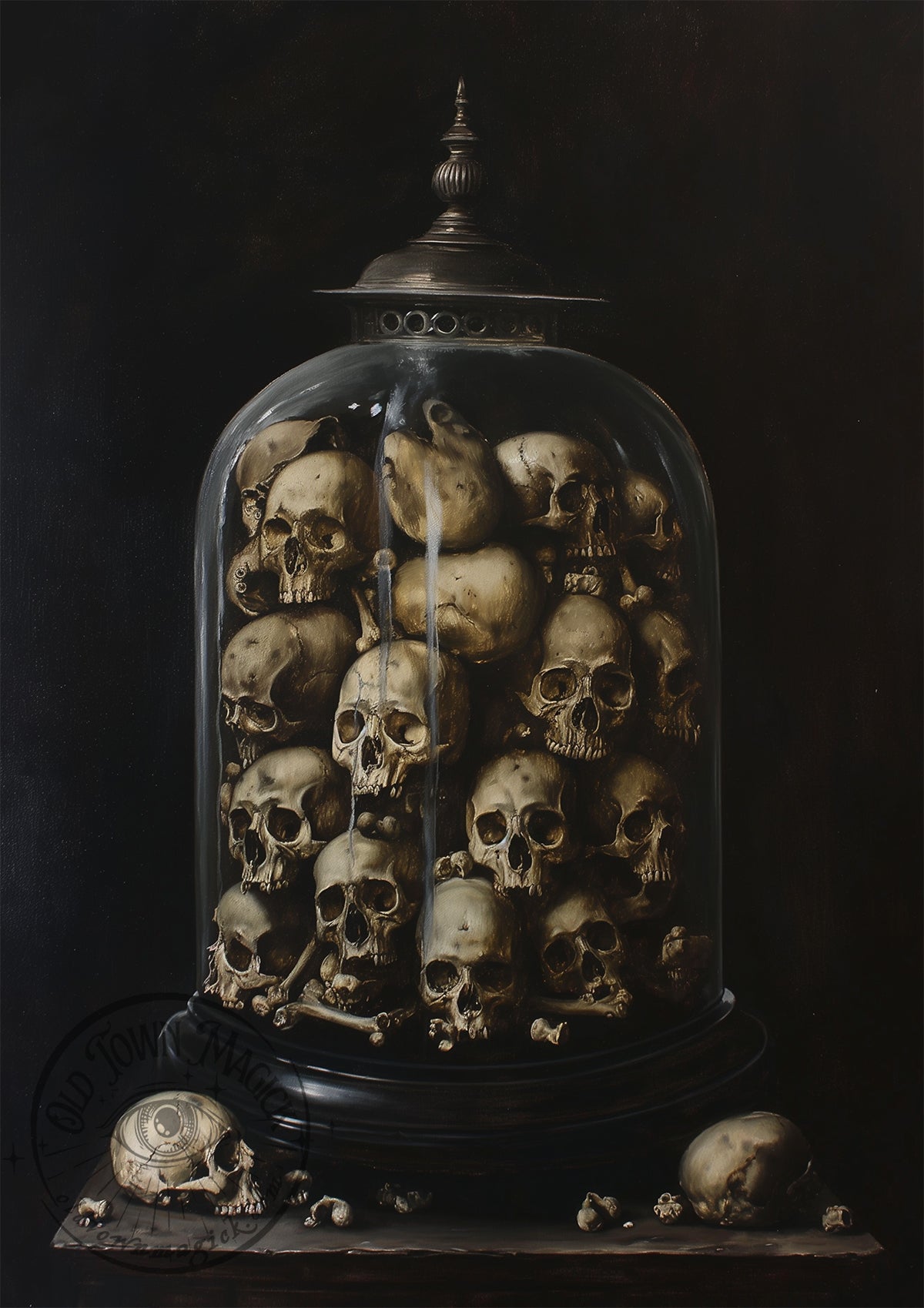 Skulls in Bell Jar II – Gothic Memento Mori Illustration – Dark Academia Wall Art Print