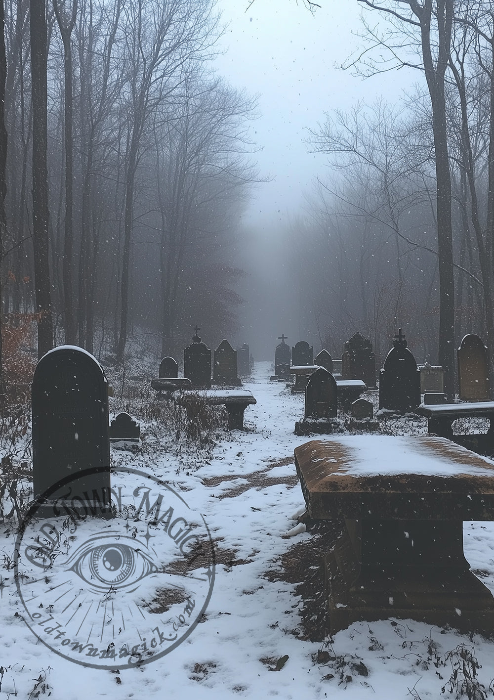 Snow Covered Tombstones – Gothic Cemetery Landscape – Winter Graveyard Wall Art Print