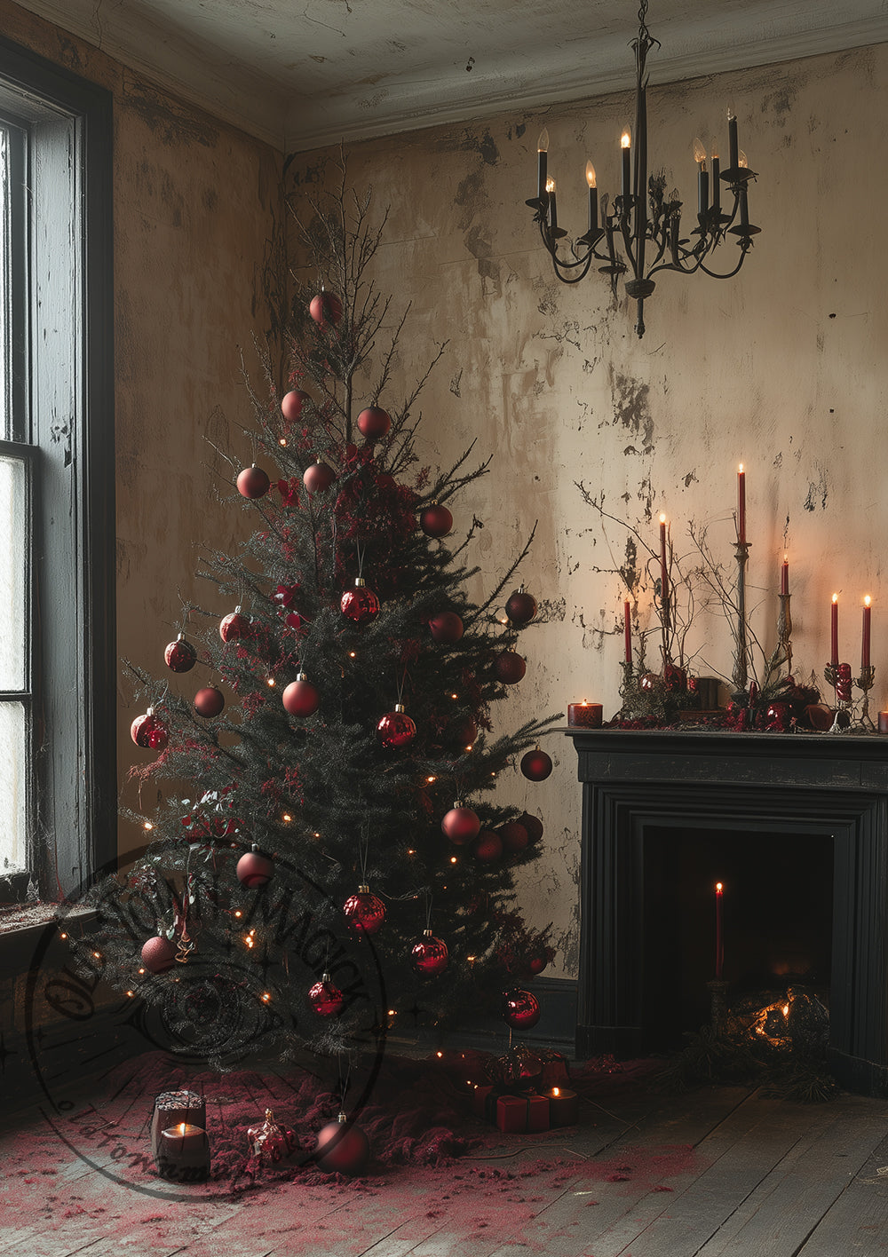 Sombre Christmas in Red – Dark Christmas Still Life – Gothic Holiday Decor Wall Art Print