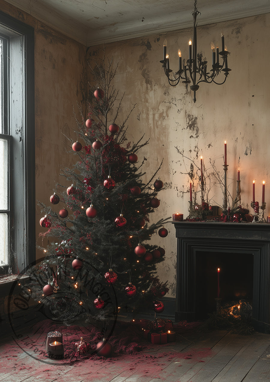 Sombre Christmas in Red – Dark Christmas Still Life – Gothic Holiday Decor Wall Art Print