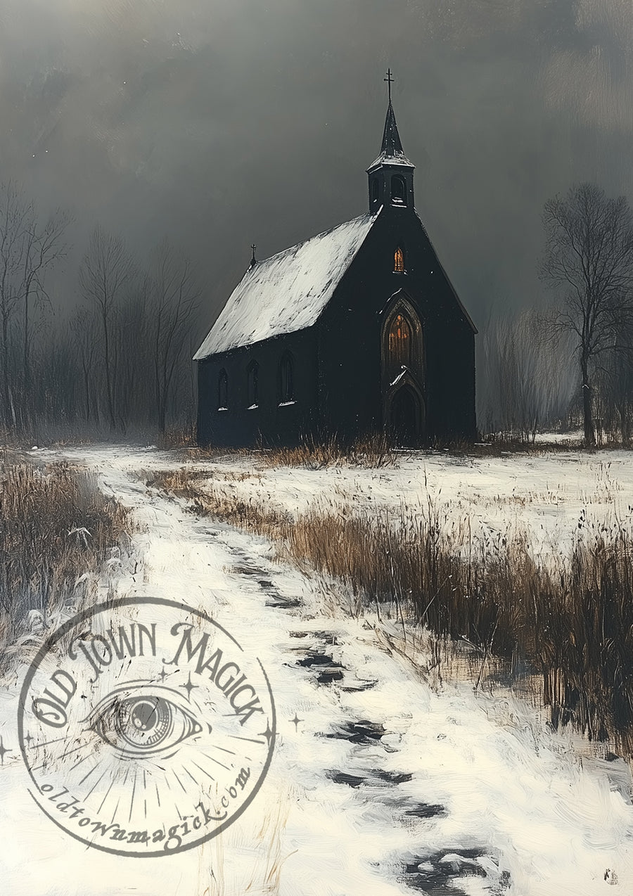 Sombre Church in the Snow – Gothic Church Landscape – Winter Cathedral Wall Art Print