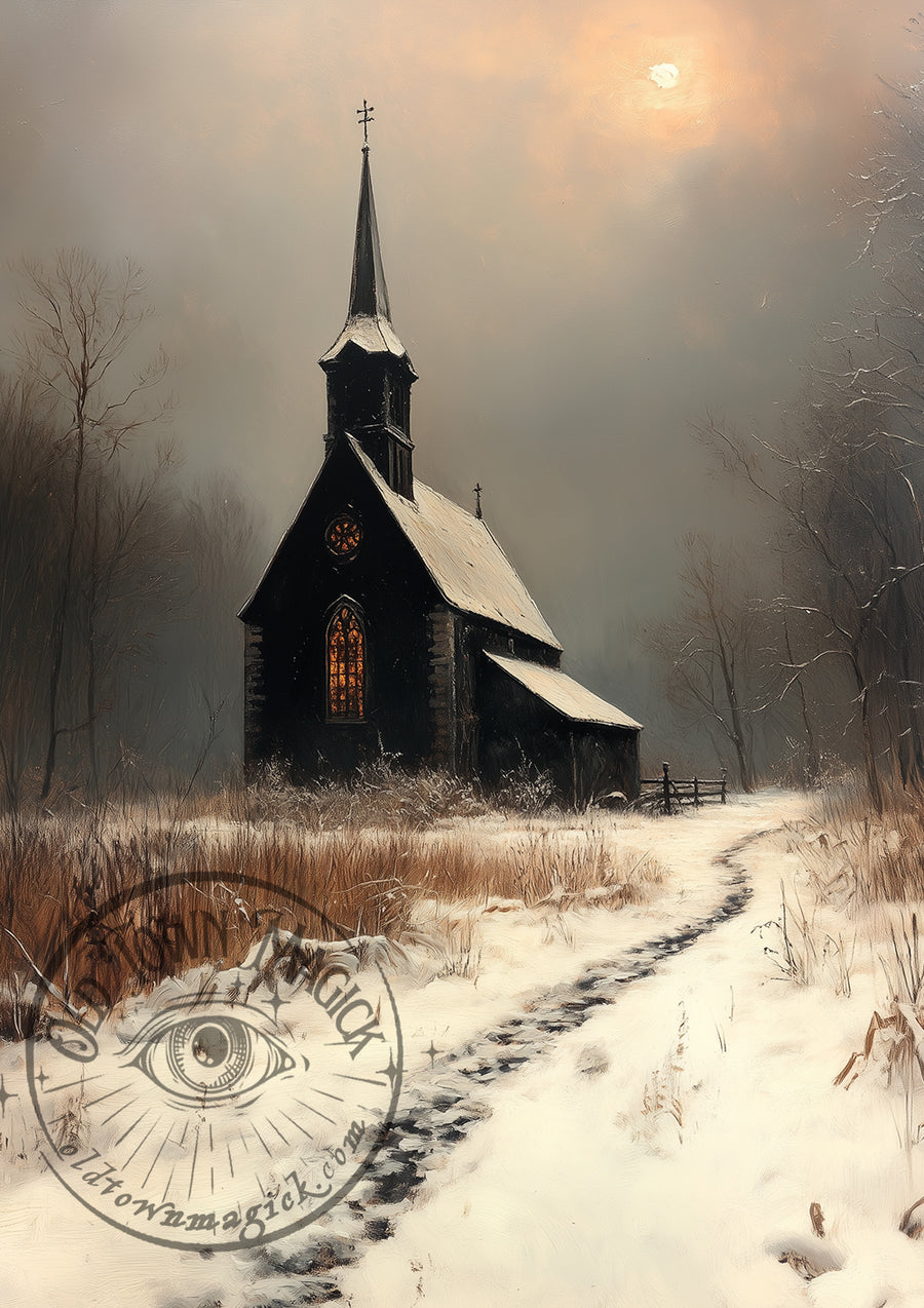 Sombre Church in the Snow II – Gothic Church Landscape – Winter Cathedral Wall Art Print