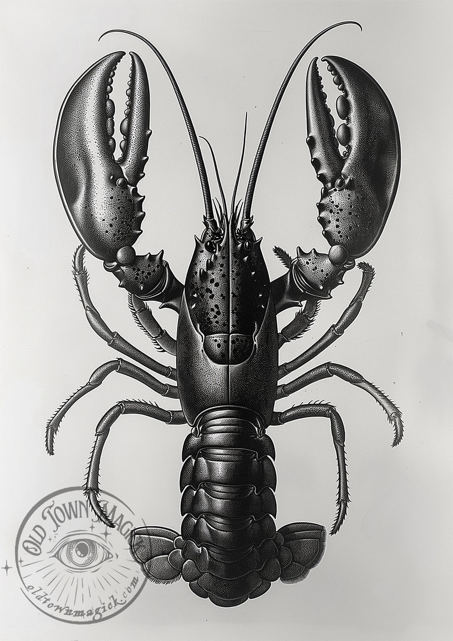 Vintage Lobster Illustration – Black and White Coastal Marine Art – Dark Academia Wall Art Print