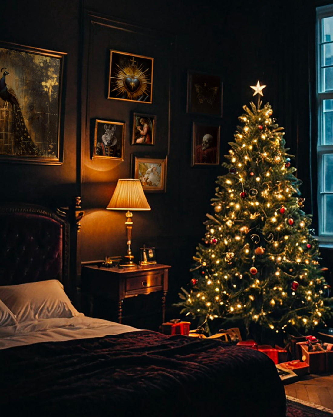 A warmly lit bedroom with a decorated Christmas tree next to a window and gifts by the bed.