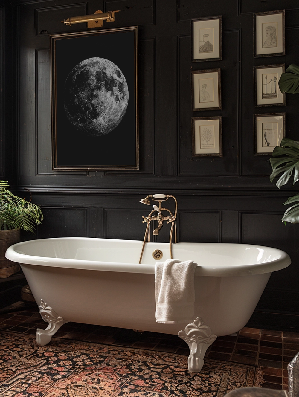 A luxurious bathroom features a white clawfoot tub, dark paneled walls with framed artwork, a large moon print, and a patterned rug.
