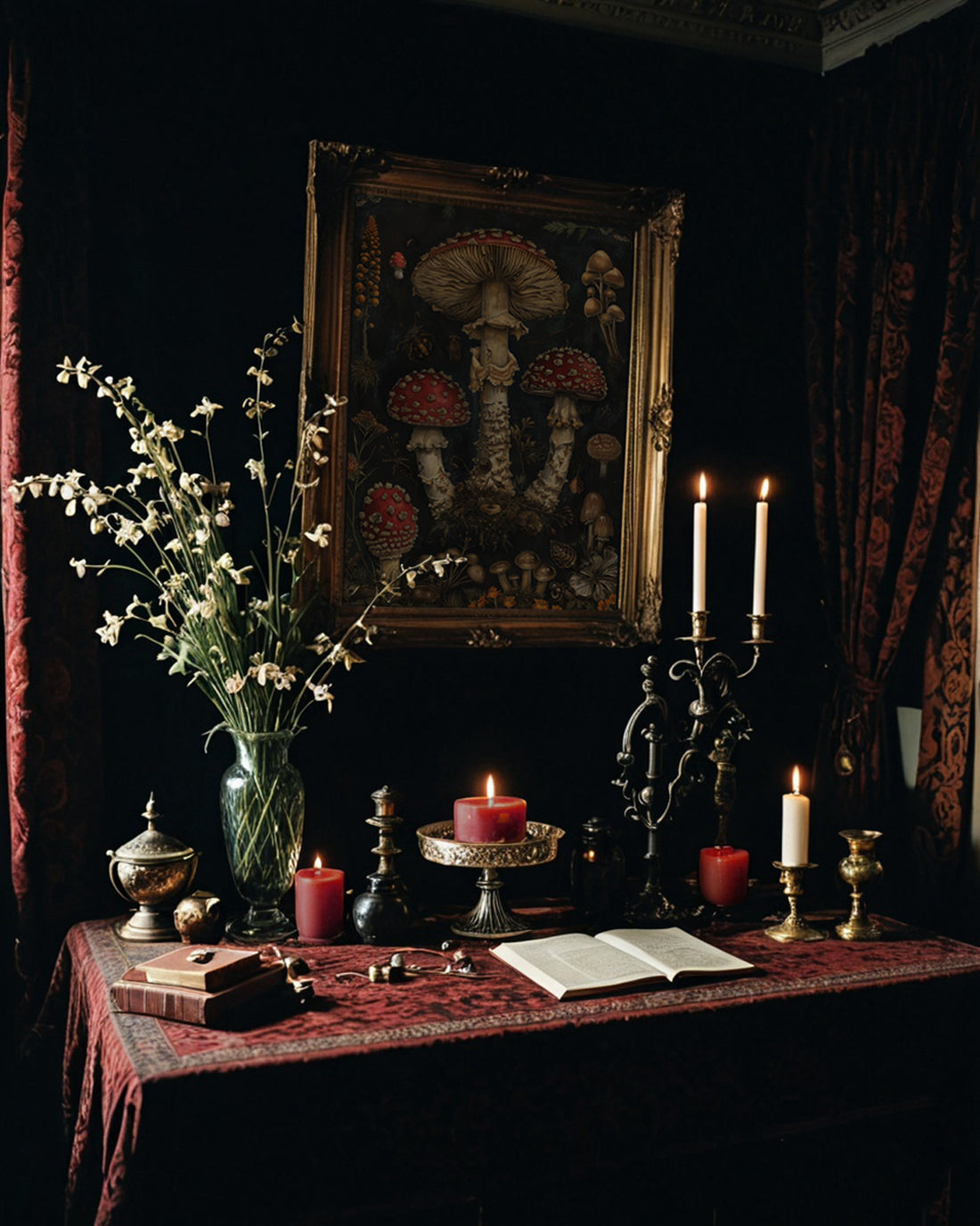A dimly lit, gothic-style altar displays candles, flowers, books, and a mushroom painting on a red velvet-covered table.
