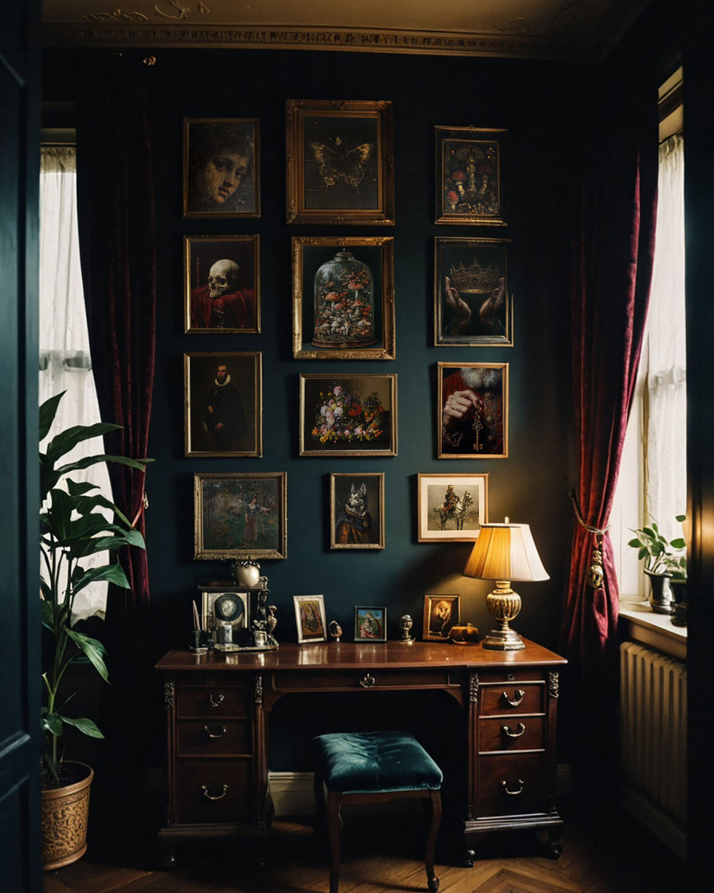 Dark, moody room with antique desk, stool, and gallery wall of framed art. Red curtains frame windows, with a warm lamp illuminating the scene.
