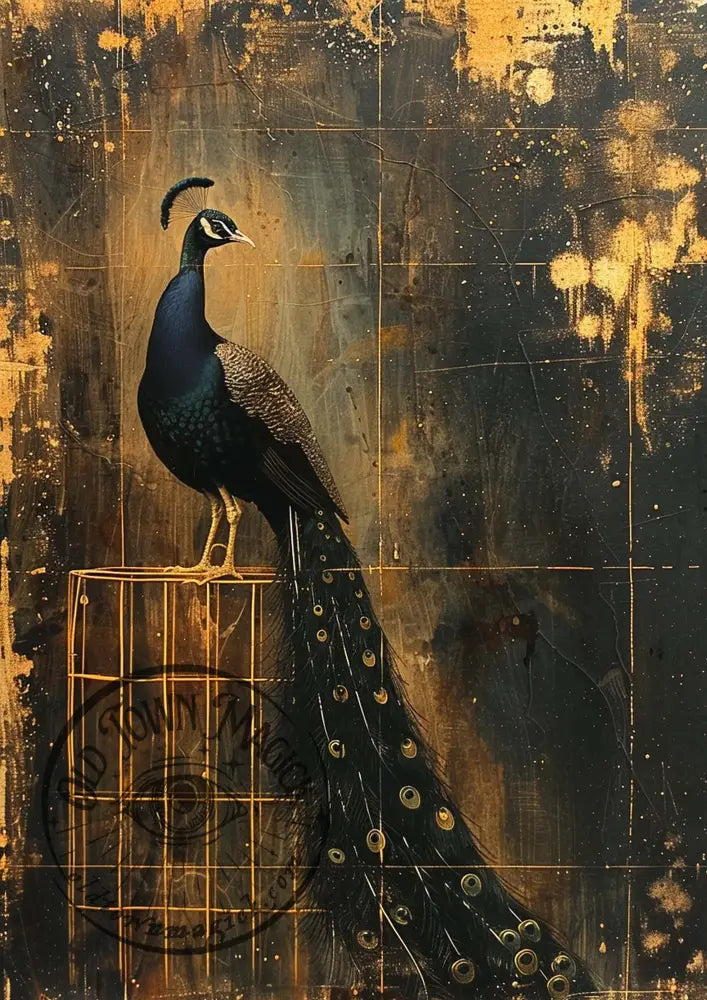 Golden Peacock – Ornamental Symbolic Bird Illustration – Dark Academia Wall Art Print
