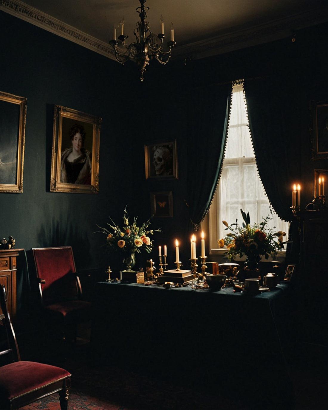 Dimly lit, moody room with a draped window, dark green walls, lit candles, floral arrangements on a dark table, and gilded portraits.