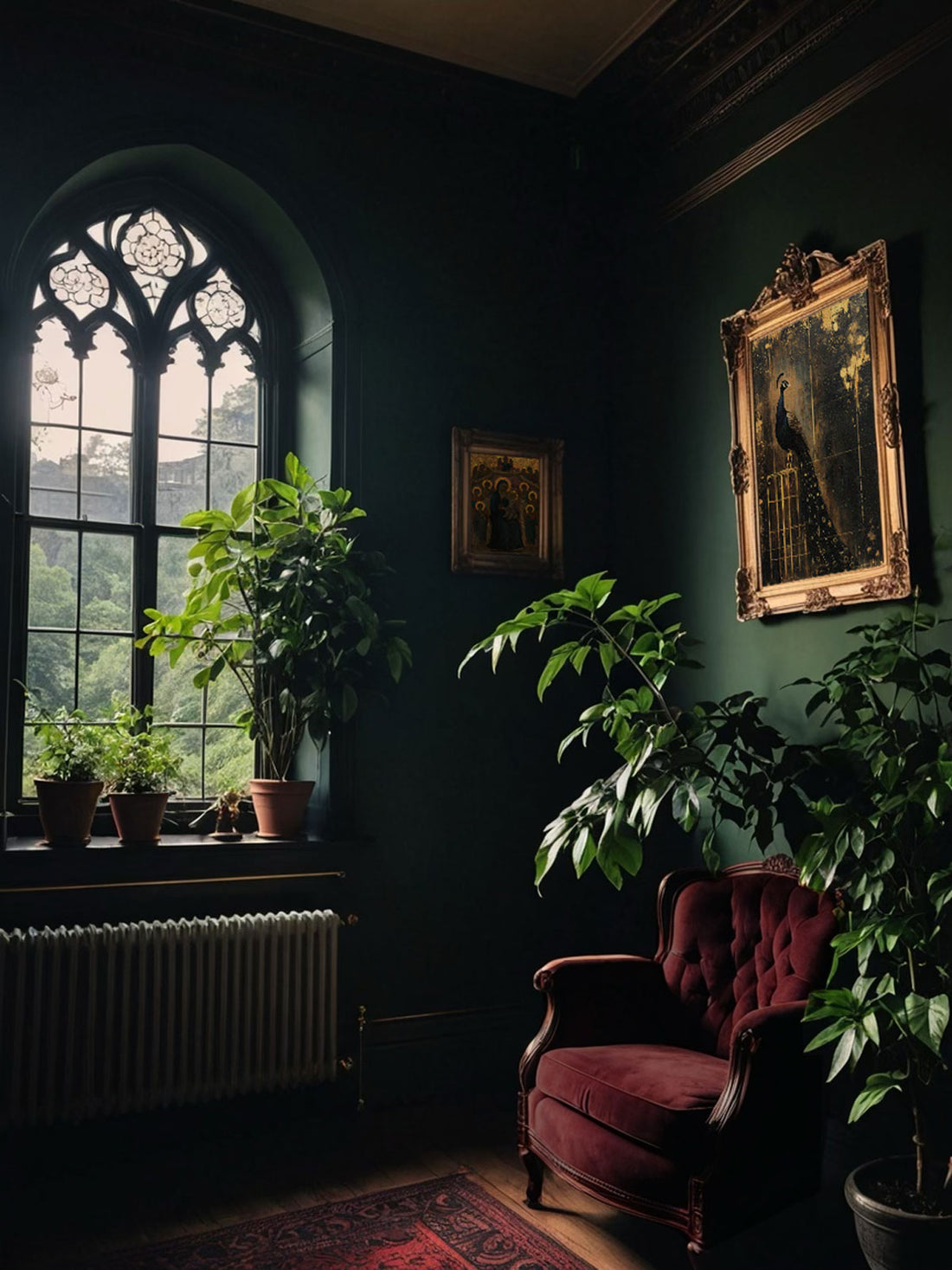 Moody, dark green room with a gothic window, plants, a red velvet armchair, and ornate gold-framed artwork.

