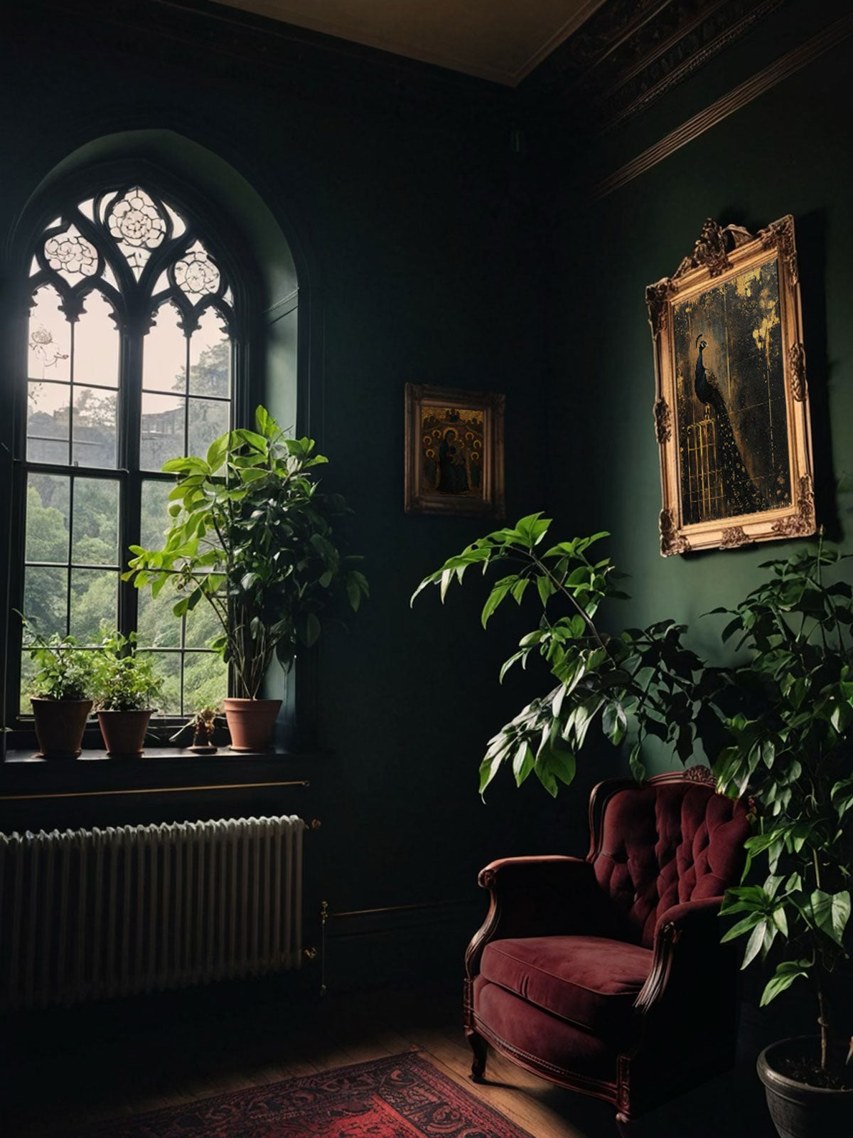 Moody, dark green room with a gothic window, plants, a red velvet armchair, and ornate gold-framed artwork.
