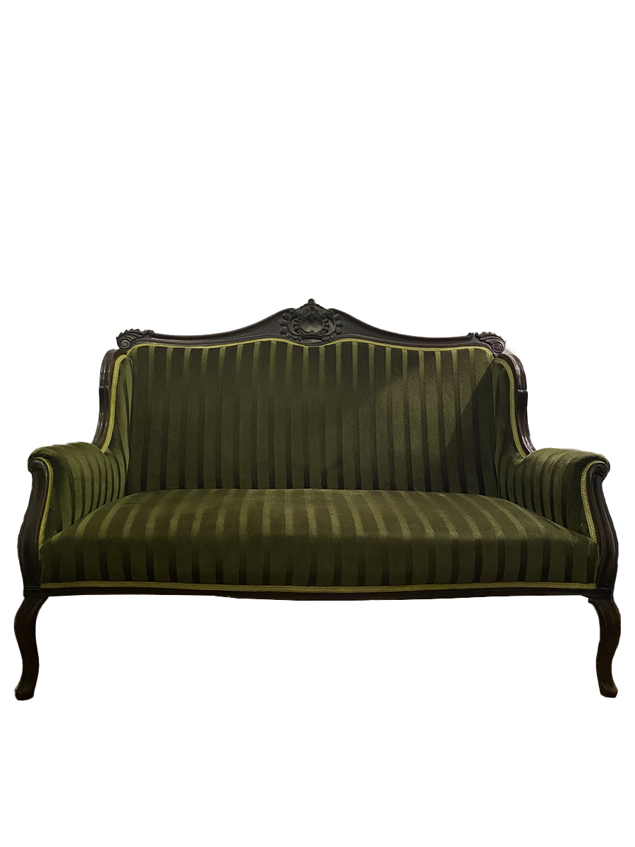 Antique Style Carved Sofa in Deep Olive Velvet – Statement Sofa for Dark Academia Interiors - Old Town Magick