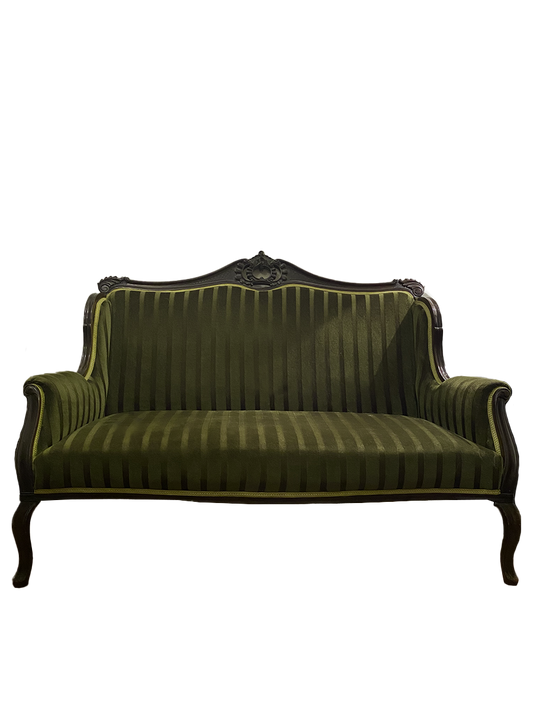 Antique Style Carved Sofa in Deep Olive Velvet