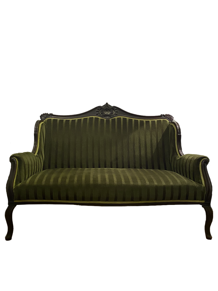 Antique Style Carved Sofa in Deep Olive Velvet – Statement Sofa for Dark Academia Interiors - Old Town Magick