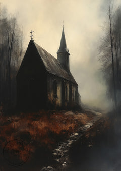 Spooky Autumn Church III – Haunted Gothic Chapel Landscape – Halloween Wall Art Print