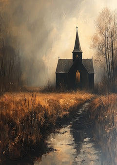 Spooky Autumn Church IV – Haunted Gothic Chapel Landscape – Halloween Wall Art Print