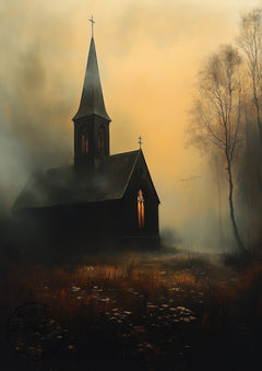 Spooky Autumn Church II – Haunted Gothic Chapel Landscape – Halloween Wall Art Print