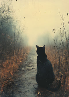 Road to Nowhere Feline – Black Cat Night Landscape – Gothic Animal Wall Art Print