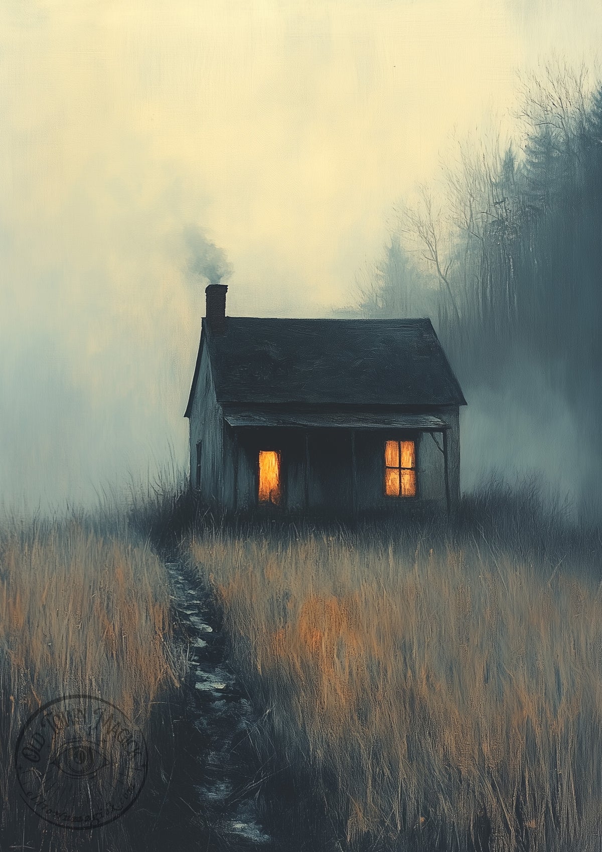Twilight Cottage – Foggy Woodland House Scene – Gothic Cottagecore Wall Art Print