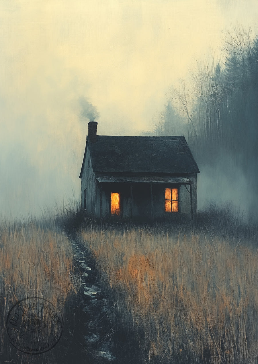 Twilight Cottage – Foggy Woodland House Scene – Gothic Cottagecore Wall Art Print