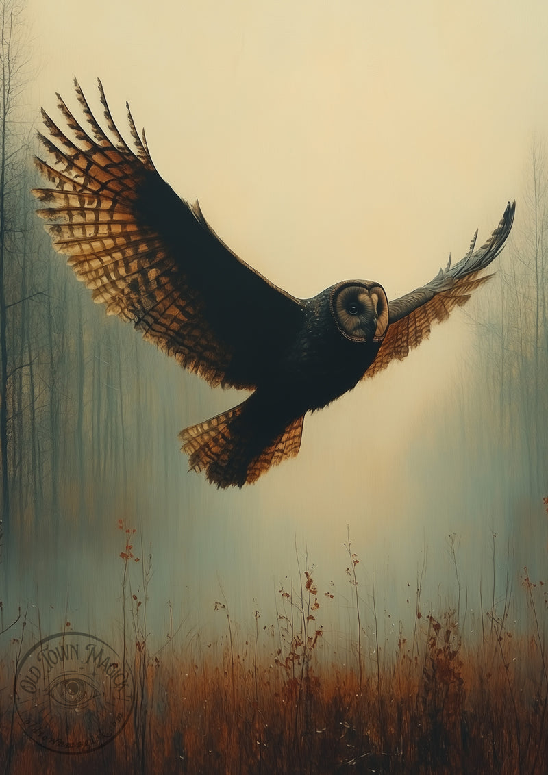 Morning Owl Flight – Owl in Forest Landscape – Dark Academia Wall Art Print - Old Town Magick