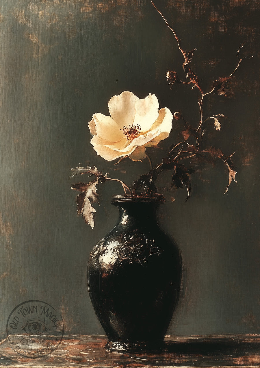 White Flower in Black Vase – Dark Floral Still Life – Gothic Botanical Wall Art Print