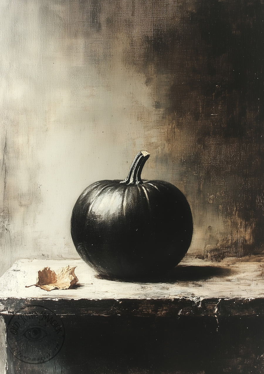 Black Pumpkin Still Life – Dark Autumn Harvest Scene – Gothic Halloween Wall Art Print
