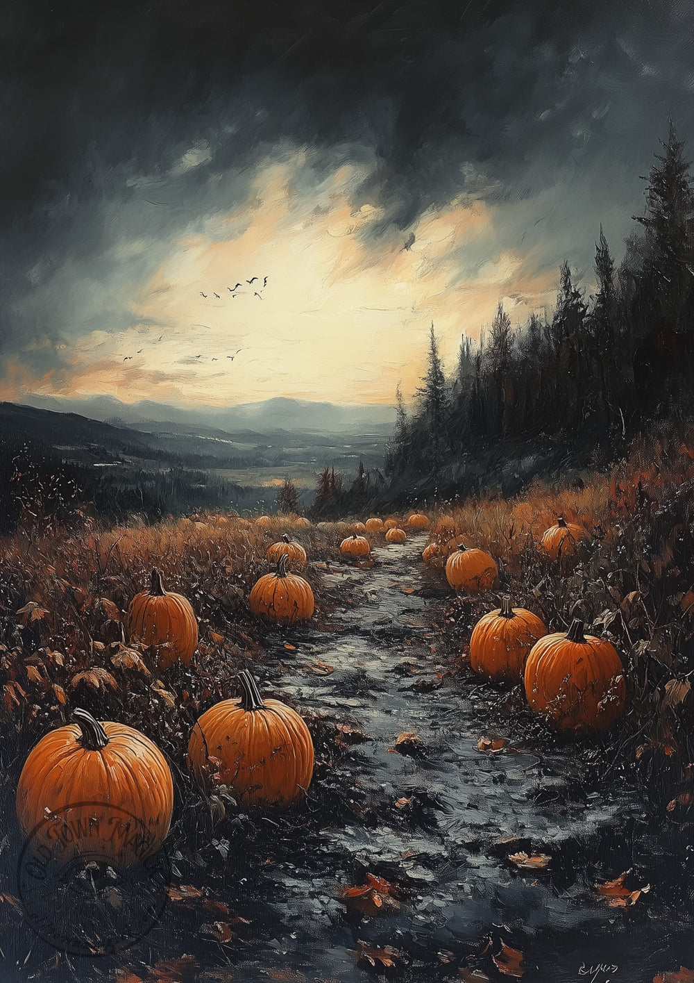 Pumpkin Patch Oil Painting – Autumn Harvest Landscape – Gothic Fall Wall Art Print - Old Town Magick