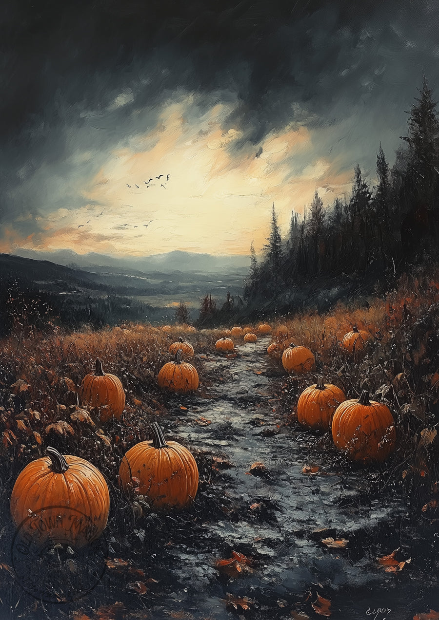 Pumpkin Patch Oil Painting – Autumn Harvest Landscape – Gothic Fall Wall Art Print